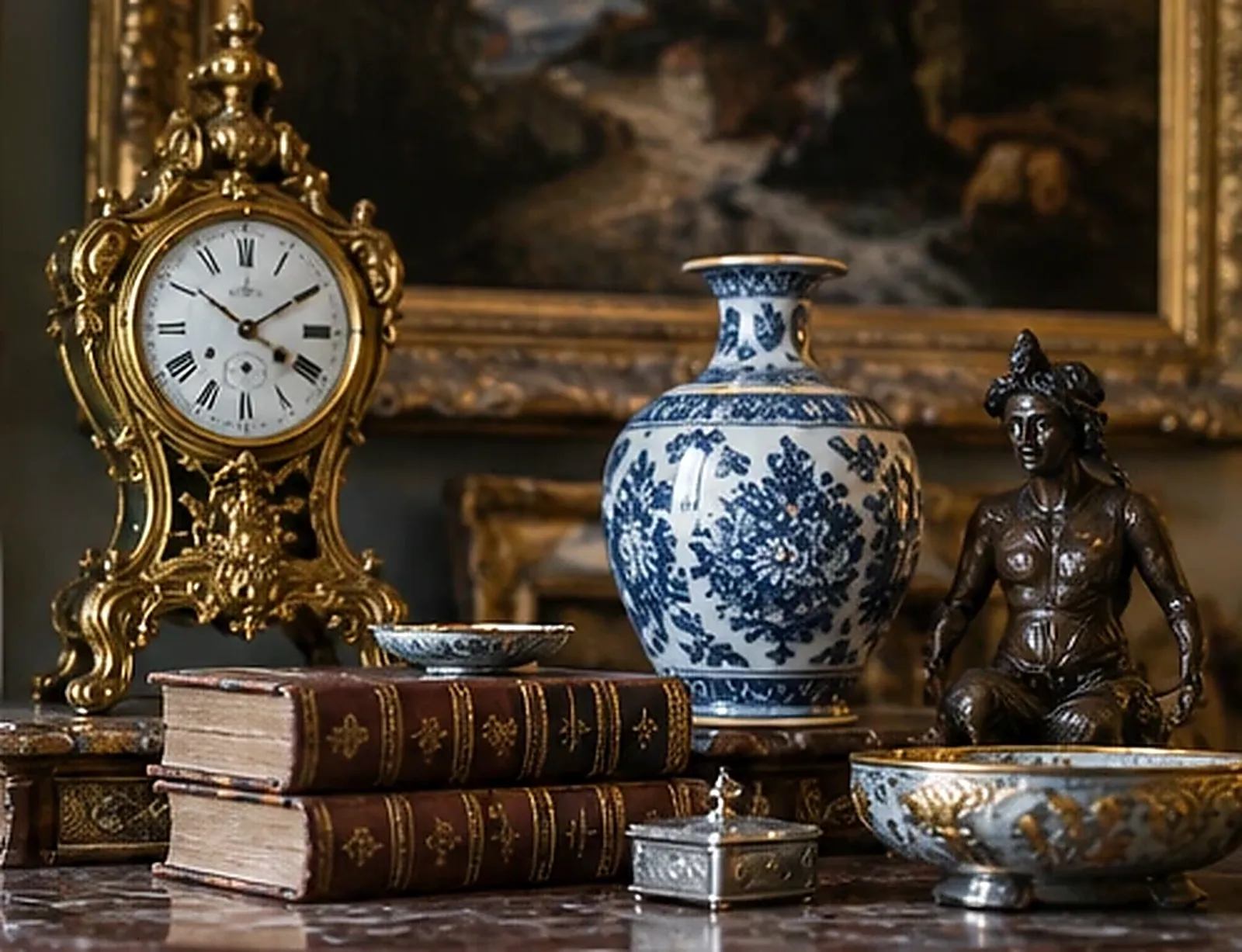 Pendule dorée de style rocaille, vase en porcelaine bleu et blanc, statuette en bronze et livres reliés anciens posés sur un marbre devant un tableau à cadre doré
