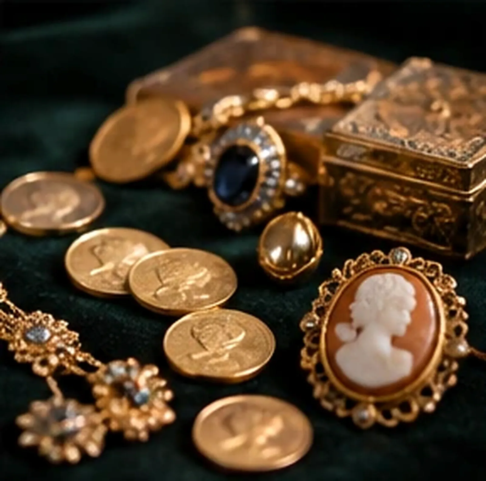 Bijoux anciens en or sur velours vert : camée, bague à pierre bleue, pièces dorées, collier et petit coffret gravé