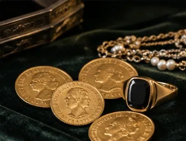 Pièces d'or à effigie, bague en onyx noir et collier de perles posés sur du velours vert foncé