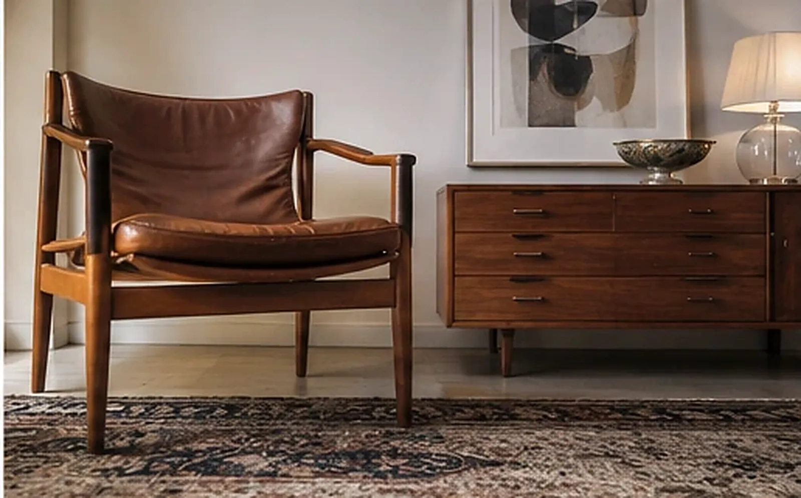 Fauteuil vintage scandinave en cuir brun et bois à côté d'un buffet en bois à tiroirs, avec tableau abstrait, lampe et tapis ancien