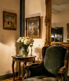 Coin de salon ancien avec fauteuil de velours vert, guéridon à plateau de marbre, miroir doré et portraits peints