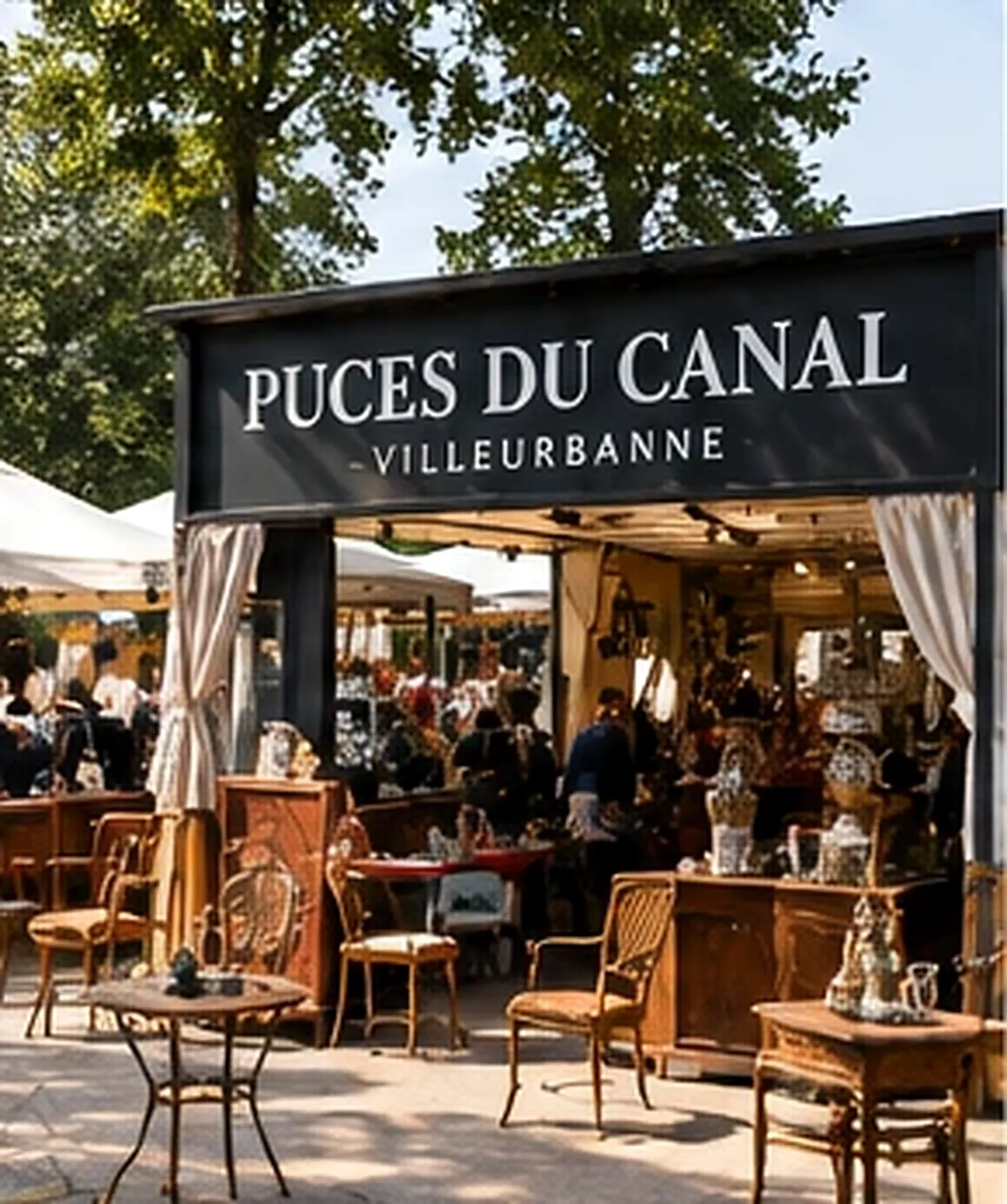 Stand de brocante en plein air sous les arbres, enseigne Puces du Canal Villeurbanne, chaises en bois, tables anciennes et vaisselle décorative