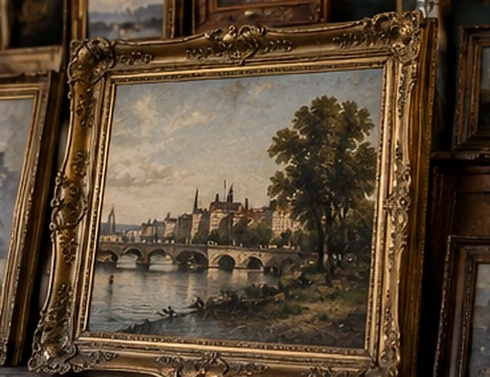 Tableau ancien représentant un pont en pierre sur une rivière avec un grand arbre et des immeubles au loin, dans un cadre doré sculpté parmi d'autres cadres anciens